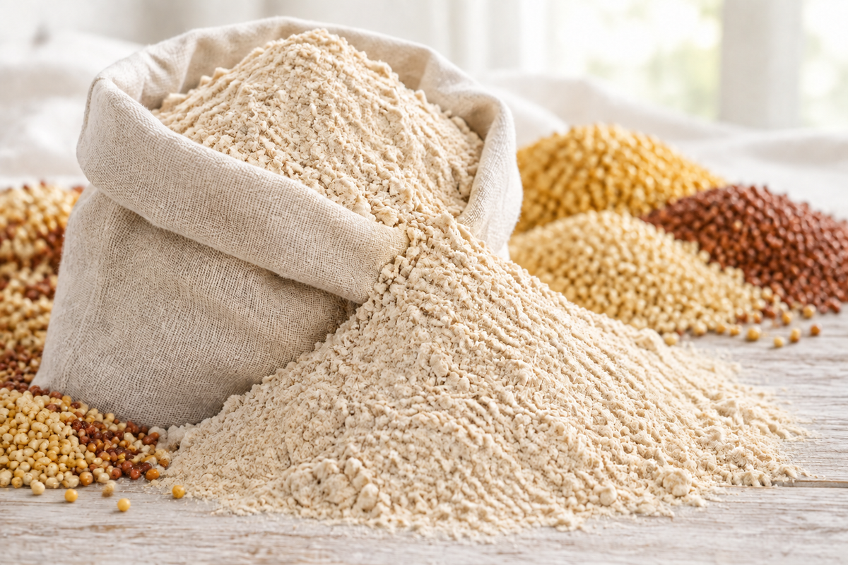Multigrain millet flour with whole millets in the background